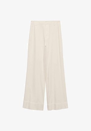 Bredde benbukser i cremet stof med en glat tekstur, skræddersyet talje og rene syninger. Flad front med dobbeltstik i kanten.