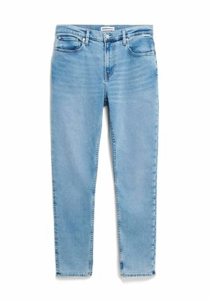 Lichtblauwe denim jeans met een rechte snit, vijf zakken en een knoopsluiting. Voorzien van subtiele vervagingen en contrasterende stiksels op de naden.
