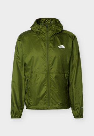Giacca leggera con cappuccio di colore verde oliva con cerniera frontale, tasche laterali con cerniera, polsini elastici e logo bianco "The North Face" sul petto.