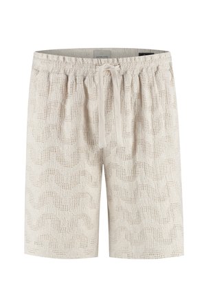 Beiget, tekstuurilla varustetut shortsit, joissa on joustava vyötärönauha ja edessä solmittava nyöritys sekä hienovarainen aaltoileva kuvio koko kankaan alueella.