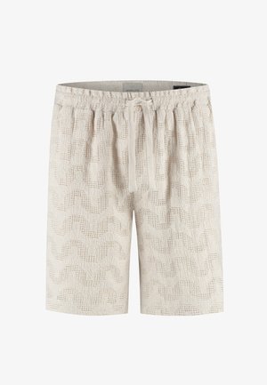 Beiget, tekstuurilla varustetut shortsit, joissa on joustava vyötärönauha ja edessä solmittava nyöritys sekä hienovarainen aaltoileva kuvio koko kankaan alueella.