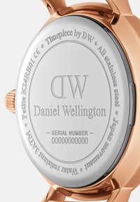 Stainless steel watch back engraved with "Daniel Wellington," serial number, and water resistance details; rose gold accent near the crown.
