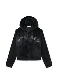 Felpa in velluto nero con zip frontale, grande cappuccio e lettering con decorazioni di cristallo. Include tasche a marsupio e polsini a costine.