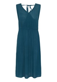 Teal sleeveless dress with a V-neck, wrap design, gathered waist, and textured fabric. Features a tie closure at the back and scalloped edge details.