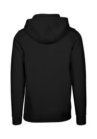Black hoodie featuring a full hood, long sleeves, and ribbed cuffs and hem. Smooth fabric texture with no visible logos or patterns.
