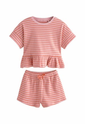 Set di abbigliamento da casa a quadri rosa, composto da una maglietta a maniche corte con orlo arricciato e pantaloni corti abbinati con vita elastica e coulisse.