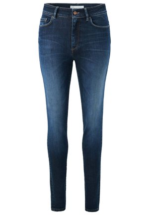 Jeans skinny in denim blu scuro, con vita alta, cinque tasche, chiusura con bottone e accenti di cucitura sottili.