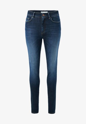 Skinny jeans in dark blue denim, featuring a high waist, five pockets, a button closure, and subtle stitching accents.