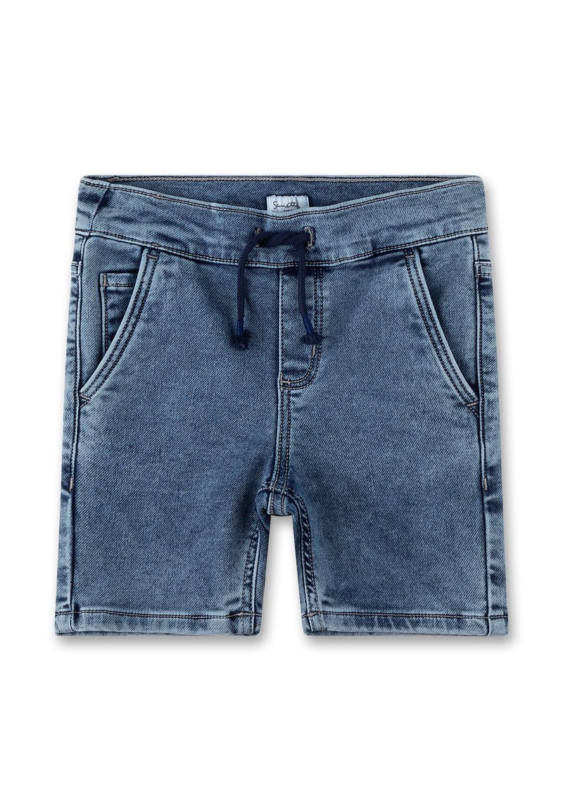 Hellblaue Denim-Shorts mit einem Zugbandbund, ausgestattet mit vorderen Taschen und einem geraden Bein-Design. Weicher Stoff, lässiger Stil.