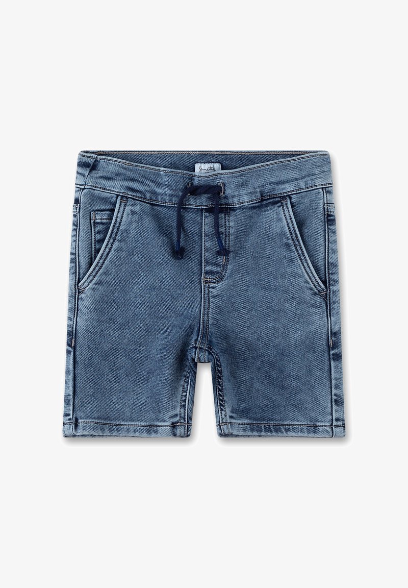 Hellblaue Denim-Shorts mit einem Zugbandbund, ausgestattet mit vorderen Taschen und einem geraden Bein-Design. Weicher Stoff, lässiger Stil.