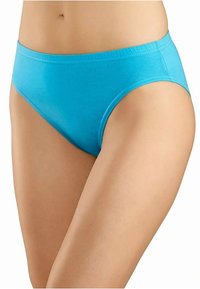 Tirkīza kokvilnas biksītes ar gludu tekstūru, vidēja augstuma griezumu un elastīgu jostu. Nav redzamu rakstu vai akcentu.