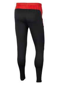 Leggings de sport noirs avec une taille élastique rouge. Texture lisse avec un design ajusté, dotés de poches latérales de couleur contrastée.