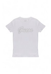 T-shirt bianco a maniche corte in cotone, con logo in rilievo "Guess" in argento sulla parte anteriore, texture liscia, taglio classico.