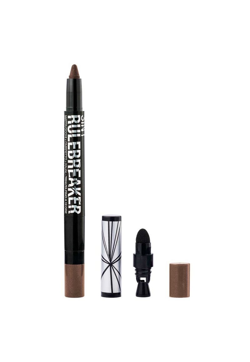 Pastello per trucco marrone con corpo nero, caratterizzato da un audace testo bianco. Include una punta nera per sfumare e un cappuccio lucido e decorato.