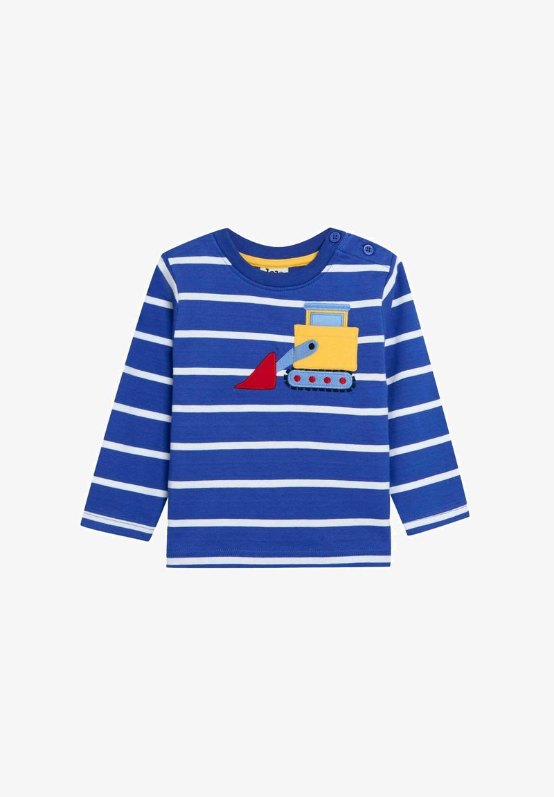 Zils garām piedurknēm krekls ar baltām svītrām, uz kura ir dzeltena un zila ekskavatora aplikācija priekšpusē, un plecu pogas vieglai uzvilkšanai.