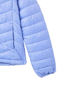Maniche di giacca a vento azzurro chiaro con texture trapuntata, caratterizzate da cuciture orizzontali e polsini arricciati. Tessuto liscio e lucido.