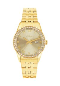 Gouden metalen horloge met een gepolijste afwerking, ronde wijzerplaat, Romeinse cijfers en kristalaccenten rond de lunette; datumaanduiding op 6 uur.