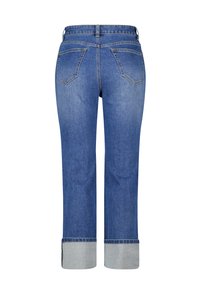 Jeans en denim bleu avec une coupe droite, présentant des ourlets roulés, deux poches arrière et une taille standard avec passants de ceinture.