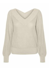 Beżowy sweter dzianinowy z głębokim dekoltem w serek, szerokimi rękawami i prążkowanymi mankietami. Miękka tekstura i dopasowany pas dla luźnej sylwetki.
