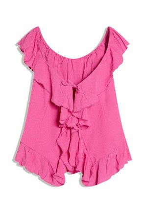 Rosa schulterfreie Bluse mit gerüschten Kanten und zwei Bändern vorne, lockerem, fließendem Schnitt und strukturierter Qualität.