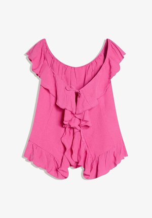 Rosa schulterfreie Bluse mit gerüschten Kanten und zwei Bändern vorne, lockerem, fließendem Schnitt und strukturierter Qualität.