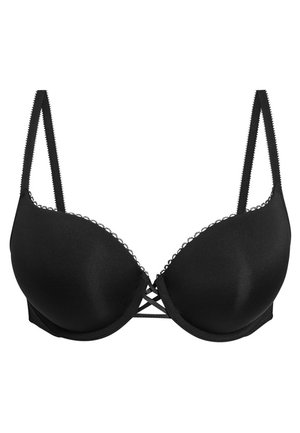 Black bra with a smooth, padded design, adjustable straps, and scalloped trim along the edges. Features a crisscross detail at the center.