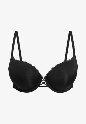 Black bra with a smooth, padded design, adjustable straps, and scalloped trim along the edges. Features a crisscross detail at the center.