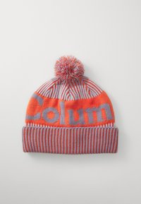 Gorro de malha em laranja e cinza com um padrão de riscas, apresentando um pom-pom no topo e a palavra "Column" em destaque.