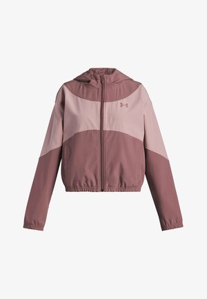 Tweekleurige mauve en stofroze ritsjack met capuchon, lange mouwen, elastische manchetten en onderrand, en voorzakken.