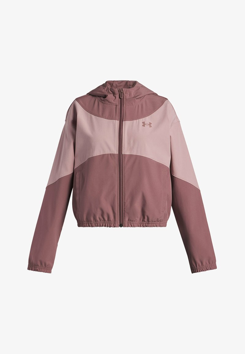 Two-tone mauve and dusty rose zip-up hooded jacket with long sleeves, elasticated cuffs and hem, and front pockets.