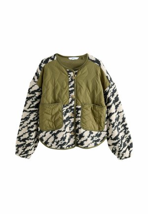 Gestepptes Jacket mit olivgrüner Vorderseite, zwei aufgesetzten Taschen und einem schwarz-weißen abstrakten Muster an den Ärmeln, rundem Ausschnitt und Knopfverschluss.