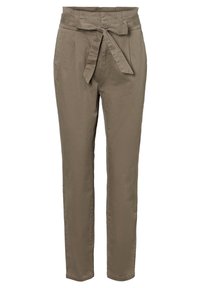 Pantalons khaki taille haute, avec une ceinture nouée, des poches latérales et une coupe fuselée. Tissu en coton lisse avec un léger éclat.