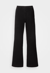 Črne razširjene hlače iz bombaža, opremljene z gumbom za zapiranje, z zankami za pas in gladko teksturo. Preprost dizajn brez vidnih vzorcev.