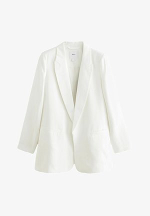 Blazer en lin blanc avec un col cranté, fermeture à un bouton et deux poches avant. Présente une coupe décontractée et des manches longues.