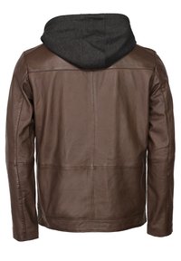 Braune Lederjacke mit einer schwarzen Kapuzenjacke. Sie hat eine glatte Textur, einen geraden Schnitt und keine sichtbaren Hardware-Elemente oder Akzente.