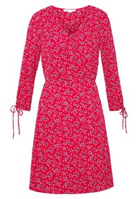 Rotes Blumenkleid mit V-Ausschnitt, langen Ärmeln und Bindedetails an den Manschetten. Bietet einen lockeren Schnitt und kleine blau-weiße Blumenmuster.