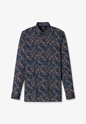 Navyblauwe shirt met een paisley patroon in oranje en beige tinten, voorzien van een puntige kraag en lange mouwen. Gemaakt van soepele stof.