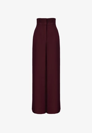 Bordowe spodnie szerokie z wysokim stanem, gładkim przodem i kieszeniami bocznymi. Wykonane z gładkiego materiału o strukturalnym kroju.
