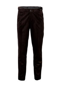 Donkerbruine op maat gemaakte broeken met knoopsluiting aan de taille en een knoopsluiting aan de voorkant, gemaakt van zachte fluwelen stof.