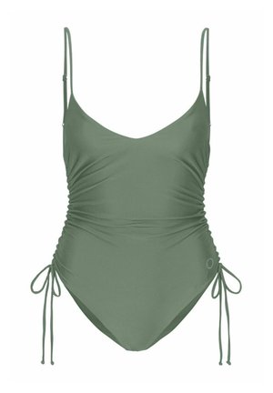 Groene badpak met verstelbare spaghettibandjes, geplooide textuur aan de zijkanten en trekkoordaccenten op de taille.