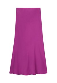Une jupe fluide, arrivant aux genoux, en tissu magenta vif. Le design présente une texture lisse et une coupe légèrement évasée, sans fermetures visibles.
