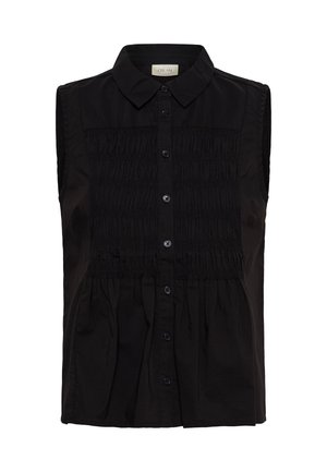 Varrukateta must nuppudega pluus tippkraagiga ja esiküljel voltidega detailidega.