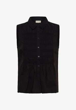 Varrukateta must nuppudega pluus tippkraagiga ja esiküljel voltidega detailidega.