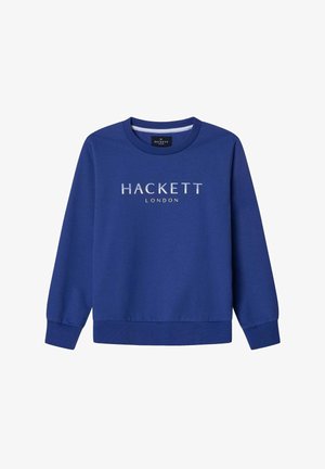 Felpa blu con colletto rotondo, maniche lunghe, polsini e orlo a coste. Presenta il logo "HACKETT LONDON" in bianco sulla parte frontale. Texture liscia.