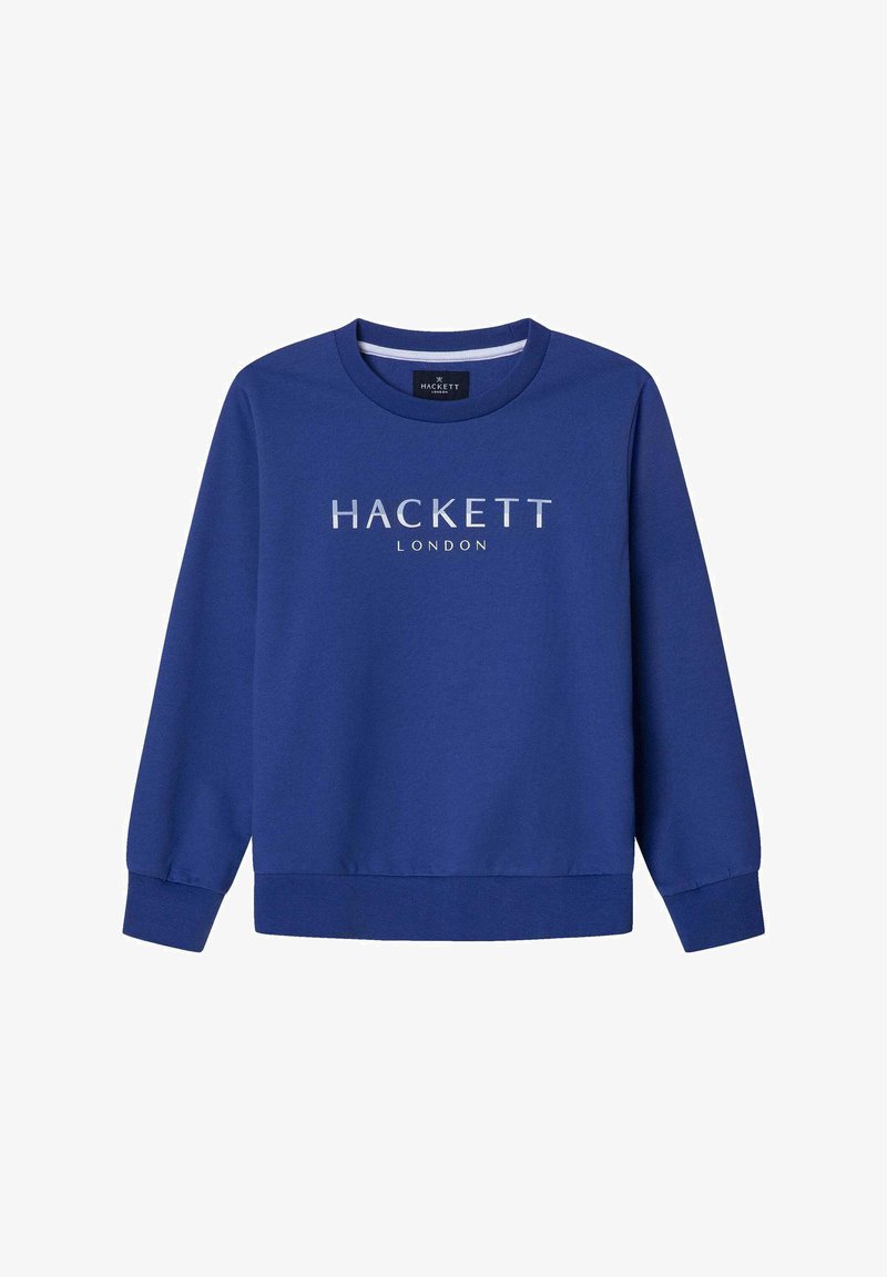 Felpa blu con colletto rotondo, maniche lunghe, polsini e orlo a coste. Presenta il logo "HACKETT LONDON" in bianco sulla parte frontale. Texture liscia.