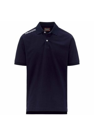 Polo blu navy in cotone, con pattina a due bottoni, maniche corte e dettaglio del logo bianco sulla spalla sinistra.