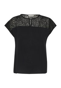 Blusa nera con maniche corte, caratterizzata da un corsetto in pizzo e un scollo rotondo con una piccola apertura a forma di chiave frontale.