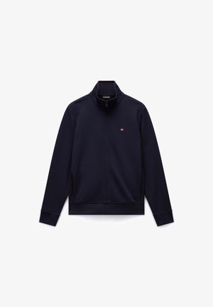 Tumesinine zip-up fliisjakk, millel on kõrge krae, pikad varrukad ja väike tikitud logo rinnal.