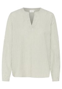 Light striped blouse, features a round neckline, long sleeves, and buttoned cuffs. Made from soft fabric in pale green and white stripes.