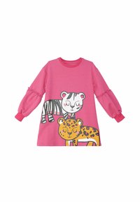 Rosa Langarmkleid mit Rüschenausschnitten. Auf der Vorderseite befindet sich ein Grafikdesign eines Zebras und eines Leoparden in Schwarz, Weiß, Orange und Braun. Aus Baumwollmaterial.